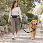 Hands-free dog walk with the waist belt and leash attached to a golden retriever's harness