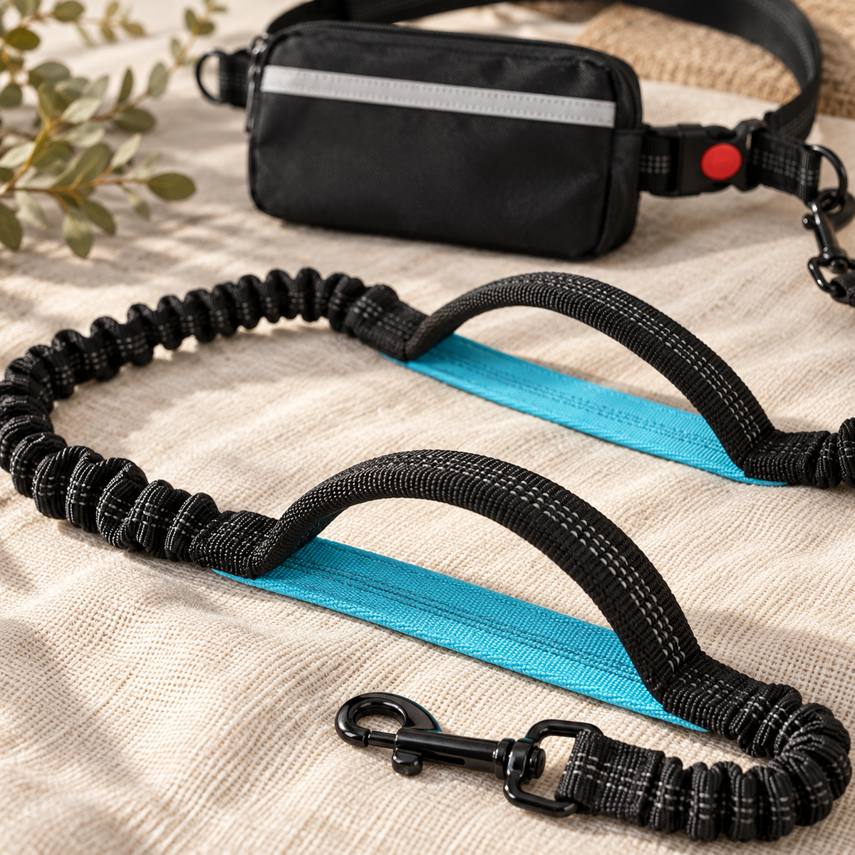 Close-up of dual bungee sections, padded handles and swivel clip