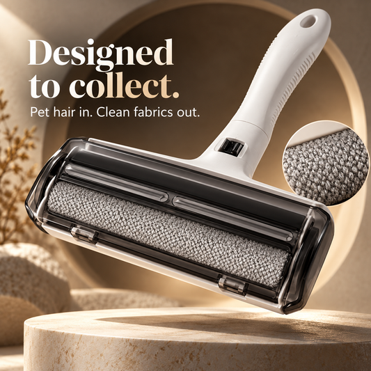 KOBAI pet hair remover hovering above a cream pedestal showing its cleaning surface