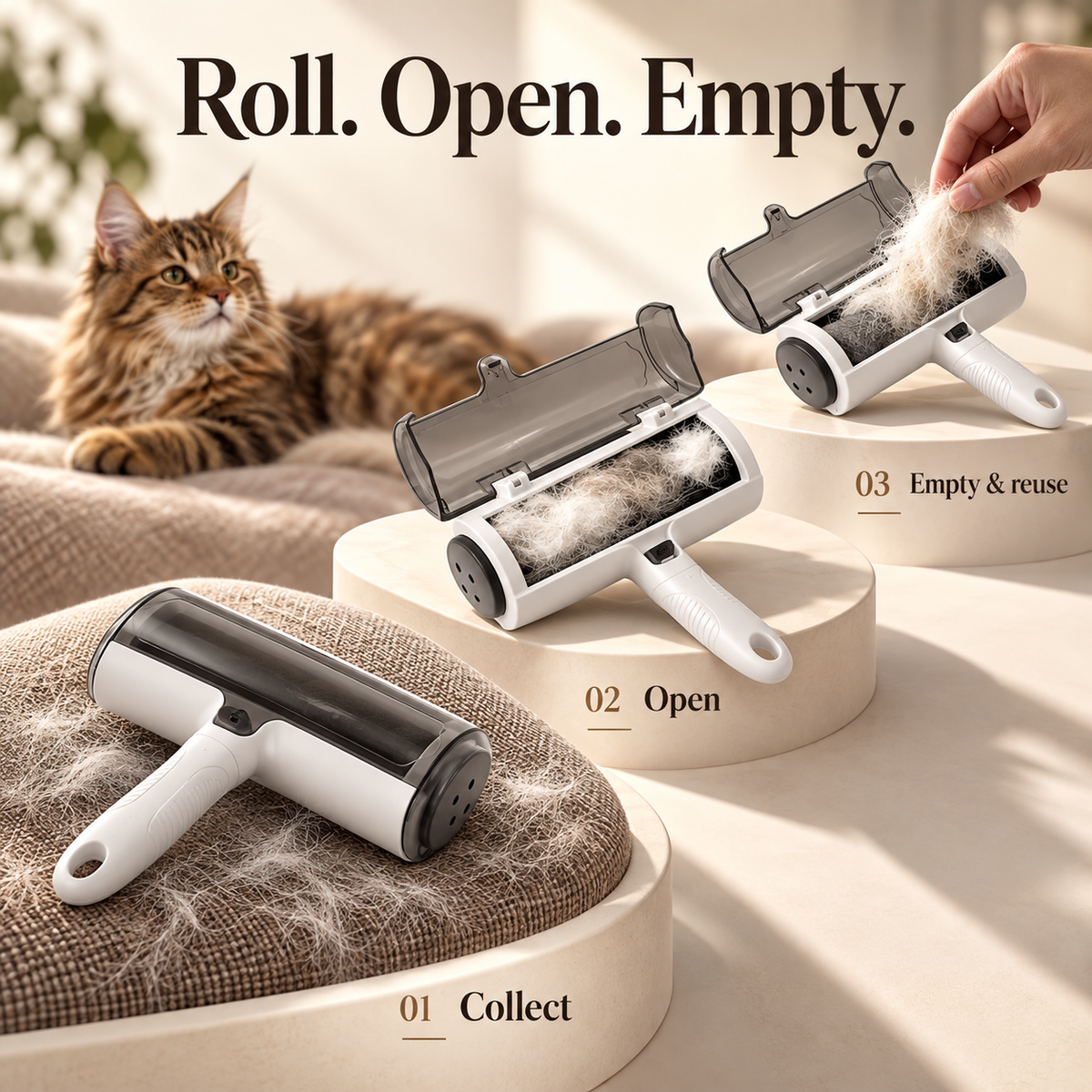 Three steps for the KOBAI pet hair remover: roll, open, empty and reuse