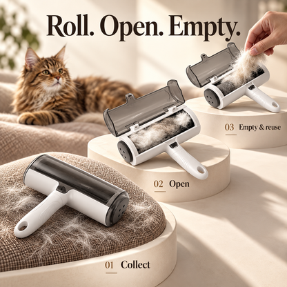 Three steps for the KOBAI pet hair remover: roll, open, empty and reuse