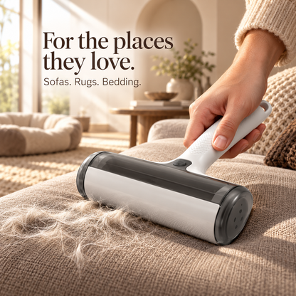Hand using the KOBAI pet hair remover on a taupe fabric sofa