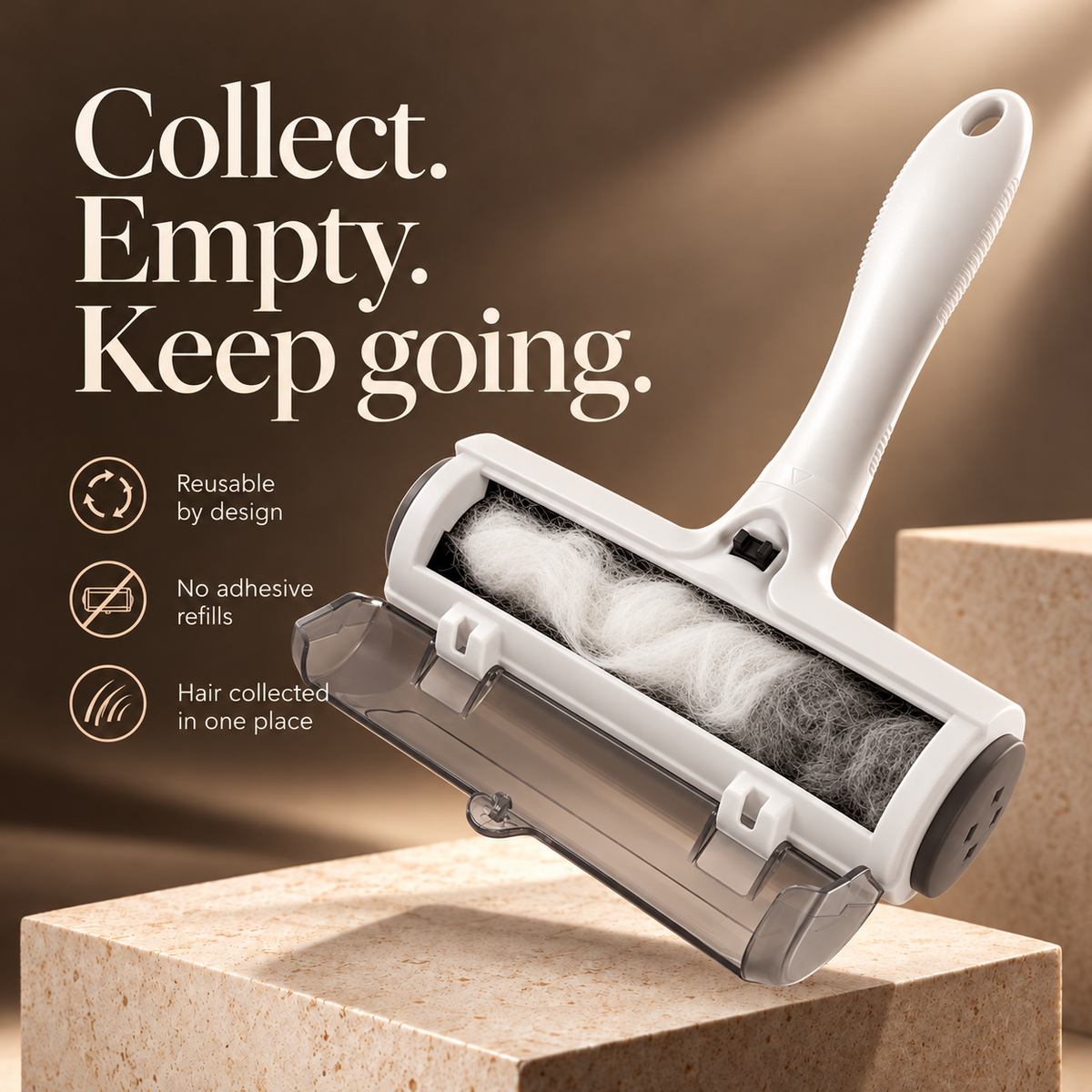 KOBAI pet hair remover showing its open hair collection compartment above cream cubes