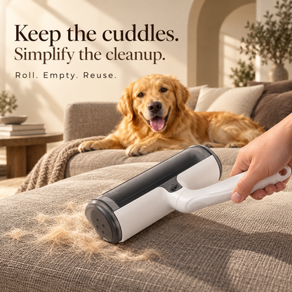 Hand rolling the KOBAI pet hair remover on a sofa with a golden retriever in the background